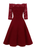 A-Line Cocktail Dresses Vintage Dress Graduation Party Wear Knee Length 3/4 Length Sleeve Off Shoulder Lace with Lace