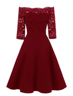 A-Line Cocktail Dresses Vintage Dress Graduation Party Wear Knee Length 3/4 Length Sleeve Off Shoulder Lace with Lace