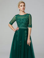 A-Line Sparkle Dress Formal Evening Tea Length Sleeveless Illusion Neck Fall Wedding Guest Lace Over Tulle with Sequin Appliques