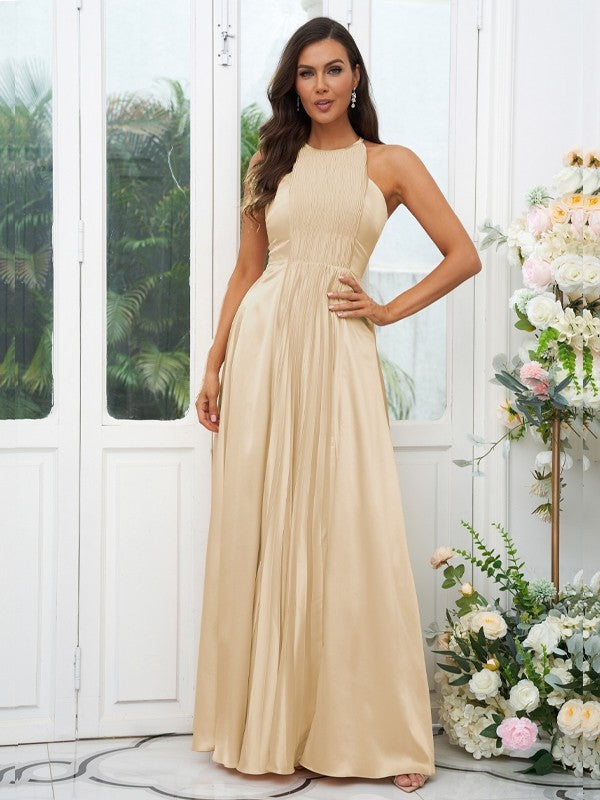 A Line Silk Like Satin Ruffles Halter Sleeveless Floor Length Bridesmaid Dresses For Elegant Bridesmaids