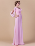 Mother of the Bride Dress Vintage Inspired Cowl Neck Floor Length Chiffon Long Sleeve with Criss Cross Ruched
