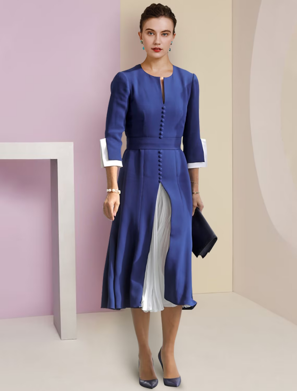 A-Line Mother of the Bride Dress Formal Wedding Guest Elegant Scoop Neck Length Stretch Chiffon Length Sleeve with Buttons