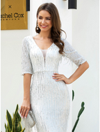 Evening Gown Glittering Dress Engagement Floor Length Half Sleeve V Neck Polyester with Sequin Tassel