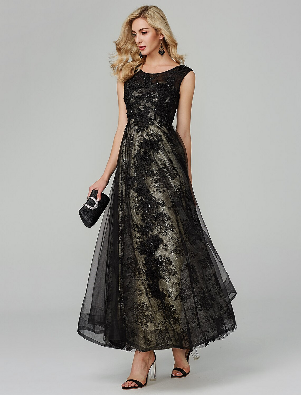 A-Line Open Back Dress Holiday Floor Length Sleeveless Jewel Neck Tulle with Appliques
