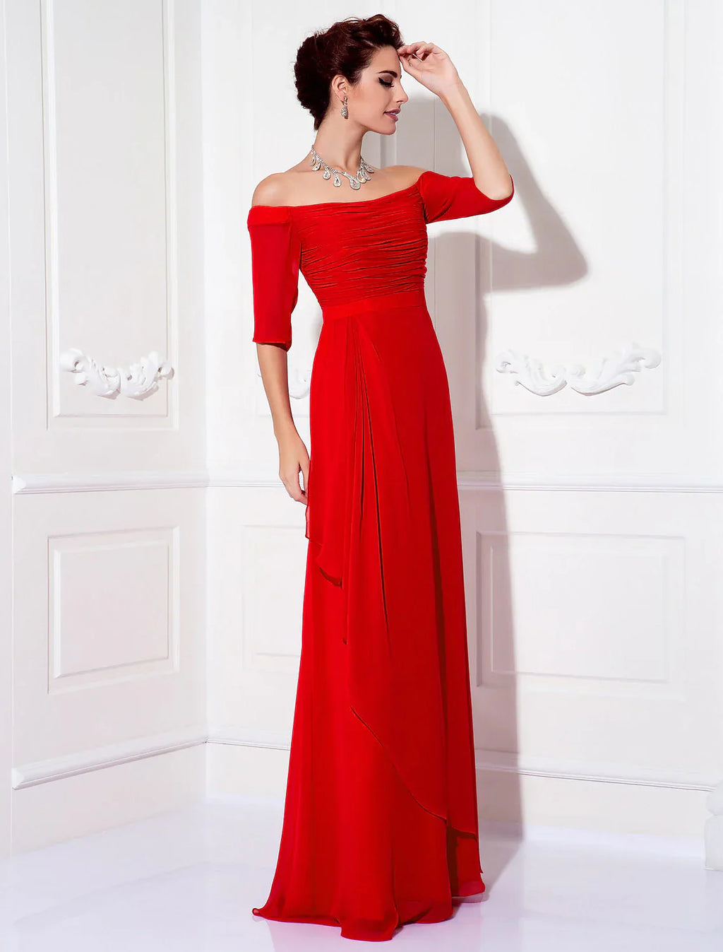 Sheath / Column Minimalist Dress Wedding Guest Sweep / Brush Train Half Sleeve Off Shoulder Chiffon with Ruched Draping