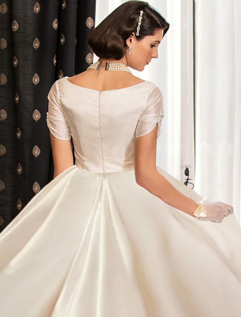 Engagement Formal Wedding Dresses Court Princess Short Sleeve V Neck Satin With Ruched