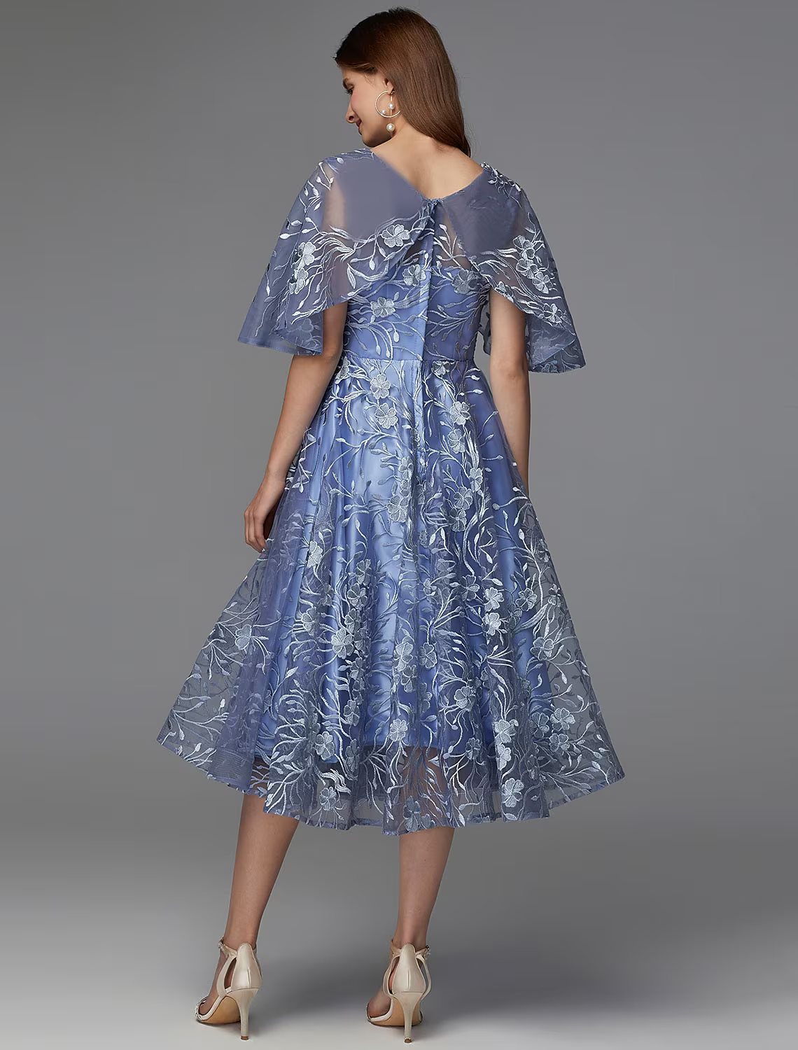 A-Line Floral Dress Wedding Guest Sleeveless V Neck Lace V Back with Pattern Print Appliques