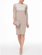Two Piece Mother of the Bride Dress Wedding Guest Elegant Petite Scoop Neck Tea Length Stretch Chiffon Long Sleeve with Lace Bow(s)