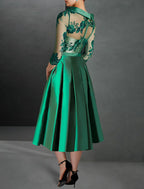 A-Line Cocktail Dresses Elegant Dress Formal Kentucky Derby Tea Length 3/4 Length Sleeve Jewel Neck Fall Wedding Guest Satin with Pleats Appliques