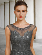 A-Line Mother of the Bride Dress Luxurious Elegant Floor Length Lace Tulle Sleeveless with Sash Ribbon Beading Sequin