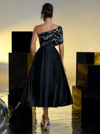 A-Line Evening Gown Elegant Dress Formal Ankle Length Black Dress Short Sleeve One Shoulder Satin with Pleats Sequin