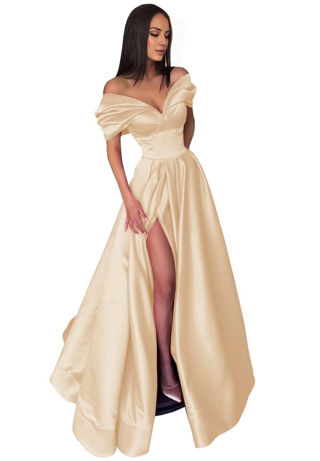 A-Line Evening Gown High Split Dress Black Dress Formal Carival Floor Length Short Sleeve Off Shoulder Satin with Pleats Slit