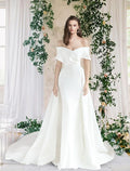 Casual Wedding Dresses Short Sleeve Off Shoulder Satin With Ruched