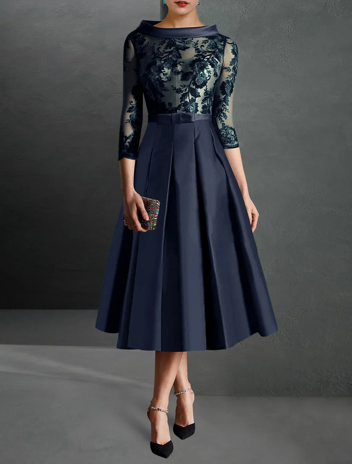 A-Line Cocktail Dresses Elegant Dress Formal Kentucky Derby Tea Length 3/4 Length Sleeve Jewel Neck Fall Wedding Guest Satin with Pleats Appliques
