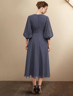A-Line Mother of the Bride Dress Plus Size Elegant V Neck  Chiffon Length Sleeve with Pleats