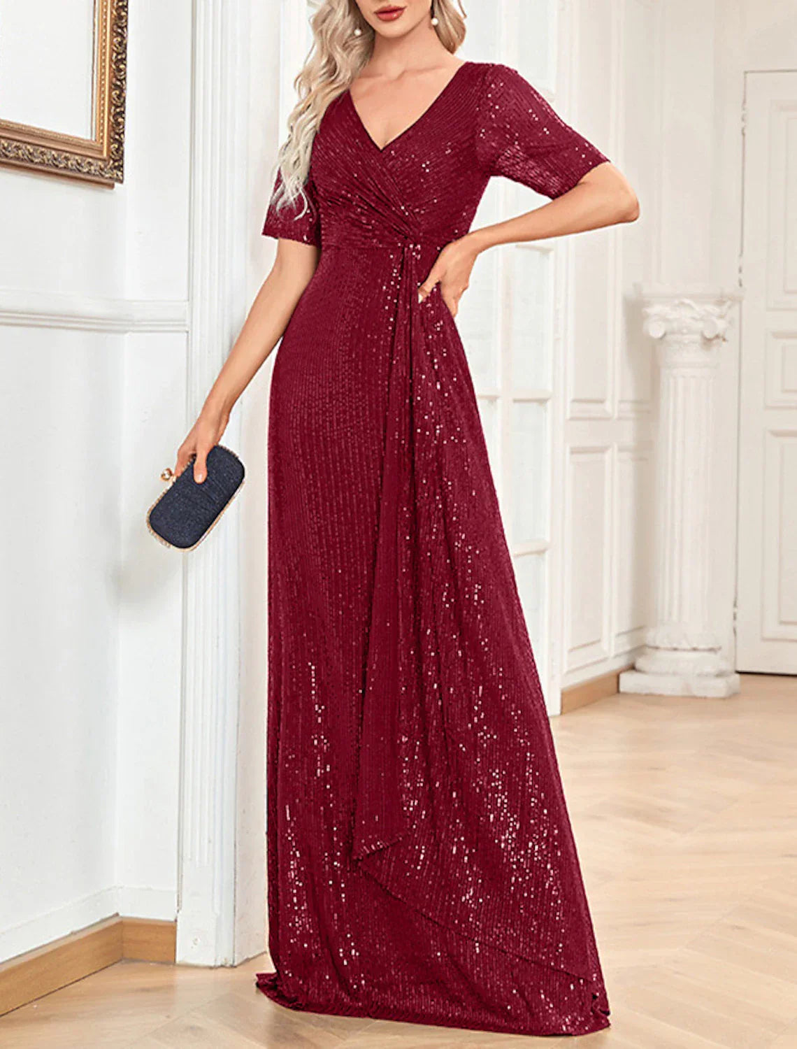 A-Line Party Dresses Sparkle & Shine Dress Formal Wedding Guest Floor Length Short Sleeve V Neck Sequined with Sequin
