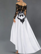 A-Line Cocktail Dresses Elegant Dress Wedding Party Semi Formal Asymmetrical Long Sleeve Off Shoulder Fall Wedding Guest Satin with Beading Embroidery Appliques