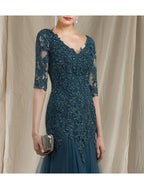 A-Line Mother of the Bride Dress Elegant V Neck Sweep / Brush Train Lace Tulle Half Sleeve No with Ruffles Appliques