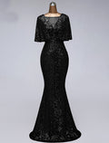 Prom Dresses Sparkle Dress Wedding Guest Floor Length Half Sleeve with Sequin Ruffles