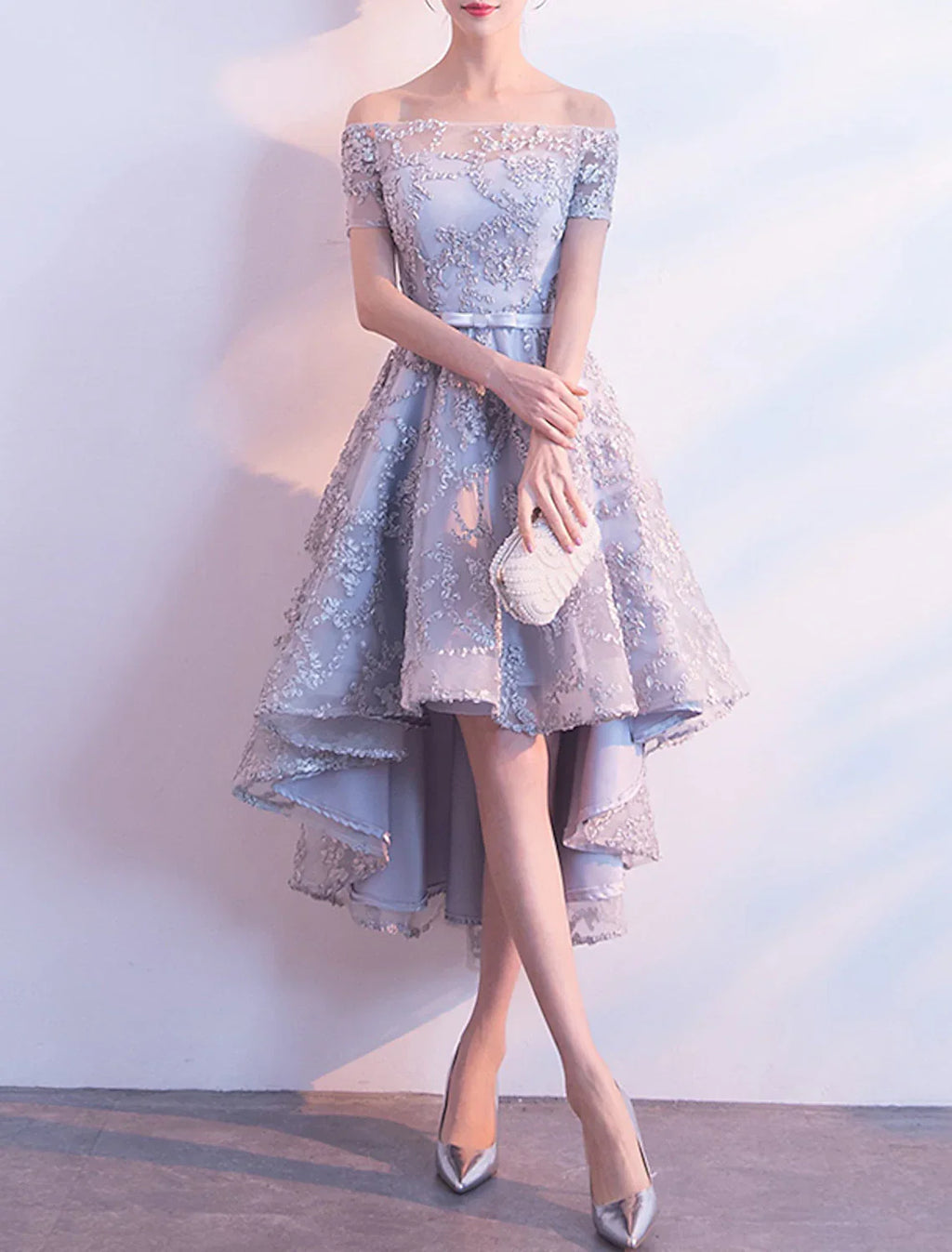 A-Line Cocktail Dresses Minimalist Dress Homecoming Party Wear Asymmetrical Short Sleeve Off Shoulder Tulle with Bow(s) Pleats