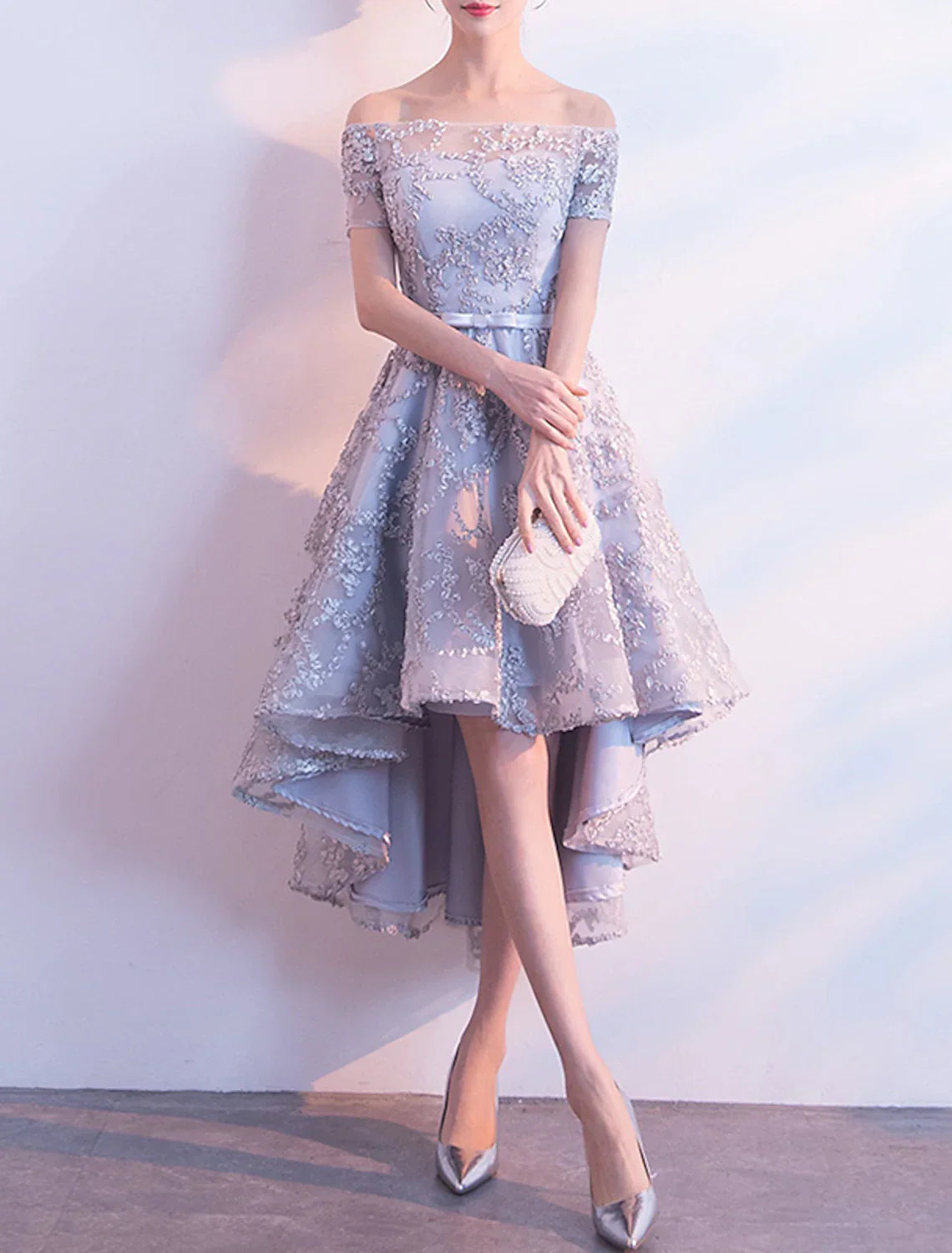 A-Line Cocktail Dresses Minimalist Dress Homecoming Party Wear Asymmetrical Short Sleeve Off Shoulder Tulle with Bow(s) Pleats