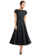 A-Line Vintage Dress Homecoming Tea Length Short Sleeve Boat Neck Taffeta with Buttons