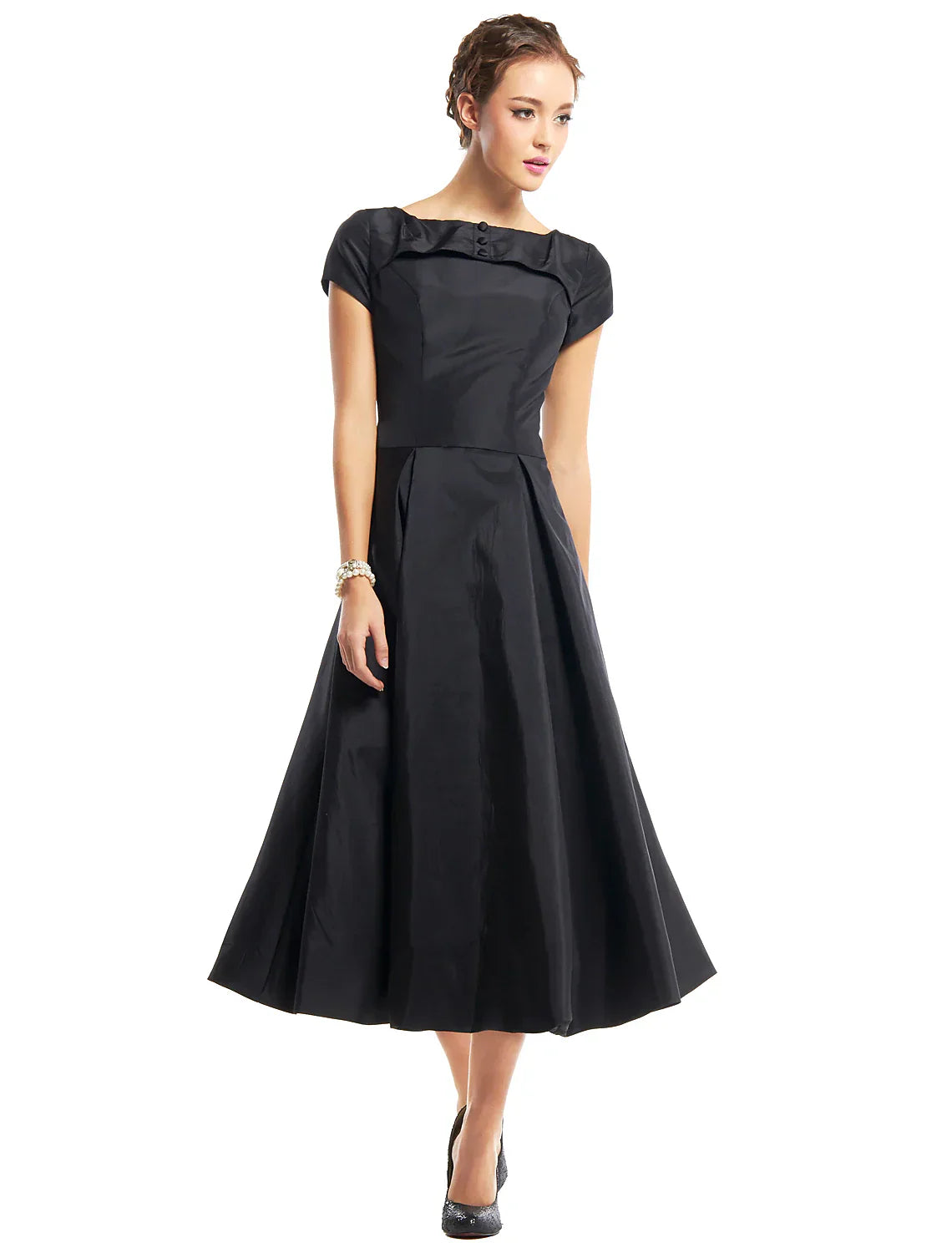 A-Line Vintage Dress Homecoming Tea Length Short Sleeve Boat Neck Taffeta with Buttons