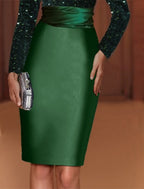 Sheath Evening Gown Elegant Dress Red Green Dress Knee Length Long Sleeve High Neck Satin with Sequin