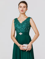 A-Line Elegant Dress Wedding Guest Floor Length Sleeveless V Neck Chiffon V Back with Sash / Ribbon Beading