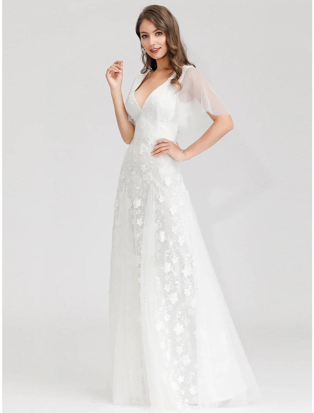 Open Back Dresses A-Line Short Sleeve V Neck Tulle Lace Appliques