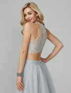 Two Piece Empire Prom Formal Evening Dress Halter Neck Sleeveless Floor Length Lace with Appliques