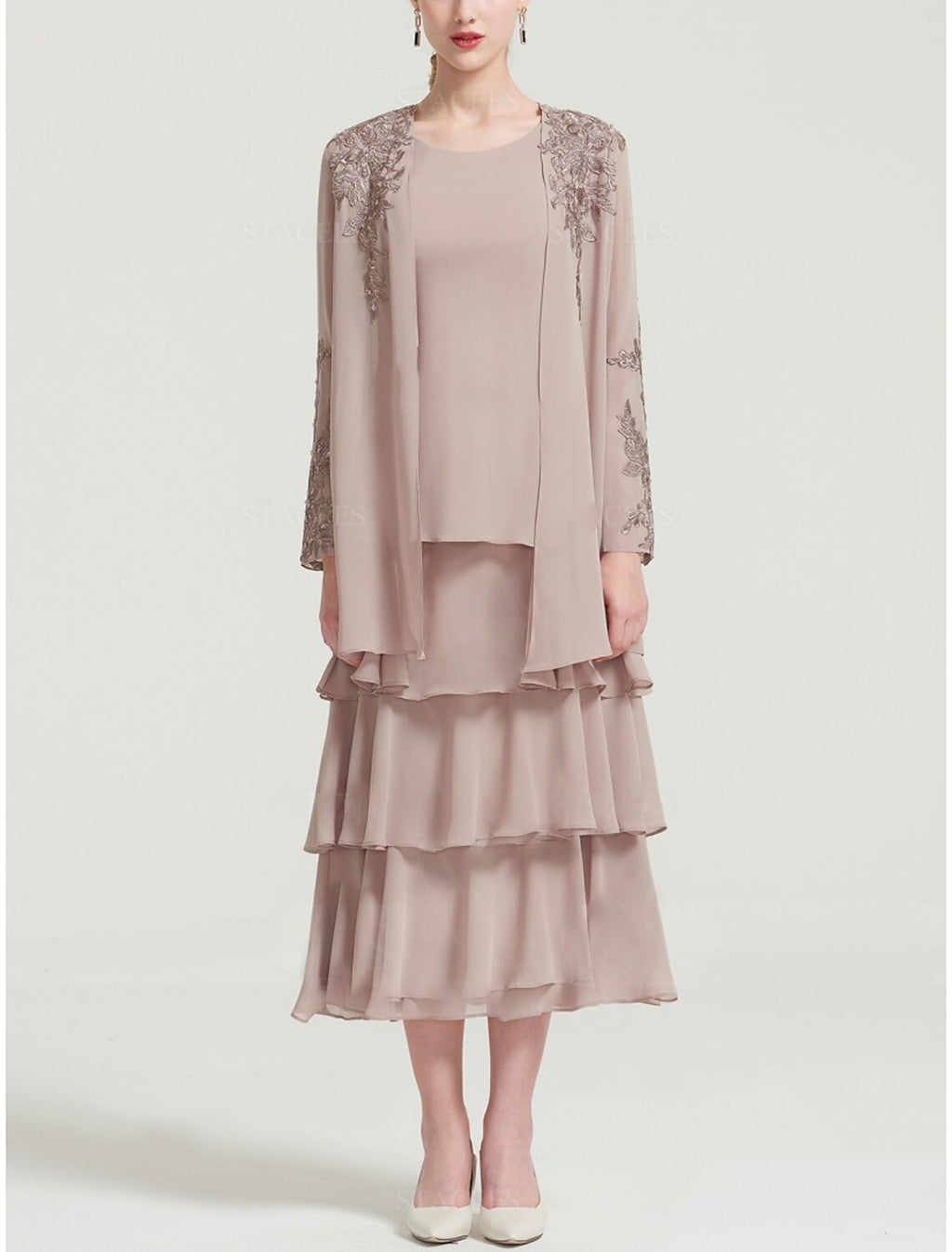Elegant Mother Of The Bride Dress Sheath Chiffon Tea Length With Long Sleeve And Tier Appliques