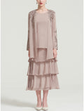Elegant Mother Of The Bride Dress Sheath Chiffon Tea Length With Long Sleeve And Tier Appliques