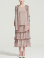 Elegant Mother Of The Bride Dress Sheath Chiffon Tea Length With Long Sleeve And Tier Appliques