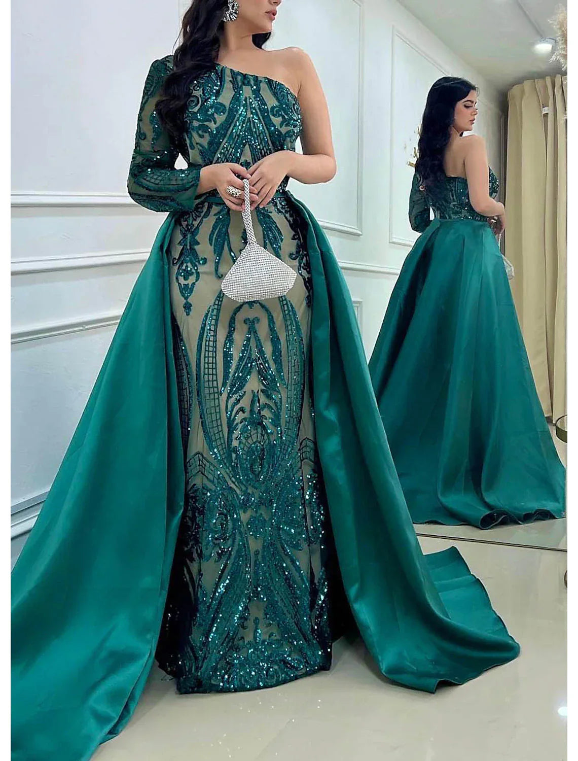 Mermaid / Trumpet Evening Gown Elegant Dress Formal Wedding Court Train Long Sleeve One Shoulder Detachable Satin with Sequin
