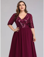 A-Line Prom Dresses Plus Size Dress Wedding Guest Floor Length Half Sleeve Plunging Neck Chiffon with
