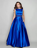 A-Line Elegant Blue Evening Dresses Wedding Guest Floor Length Sleeveless Boat Neck Pocket Satin with Pleats Beading