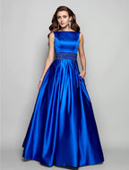 A-Line Elegant Blue Evening Dresses Wedding Guest Floor Length Sleeveless Boat Neck Pocket Satin with Pleats Beading