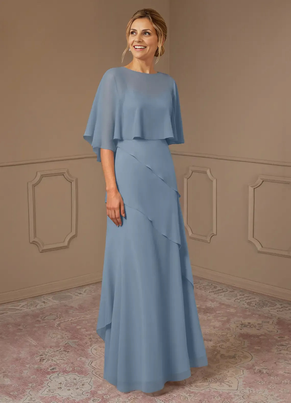 Dress A-Line Scoop Neck Dress Mother Of The Bride Dresses Elegant Cap Sleeves Capelet Evening Dress