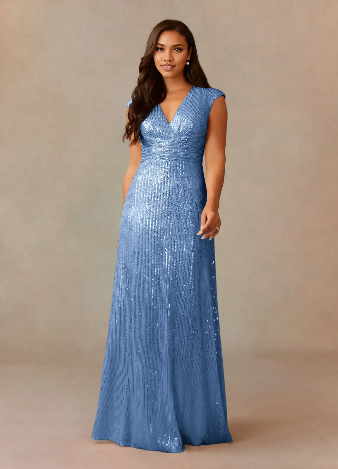 Dress Champagne A-Line V-Neck Ruched Sequins Mother Of The Bride Dresses Cap Sleeves Back Zip Ruffle Evening Dress