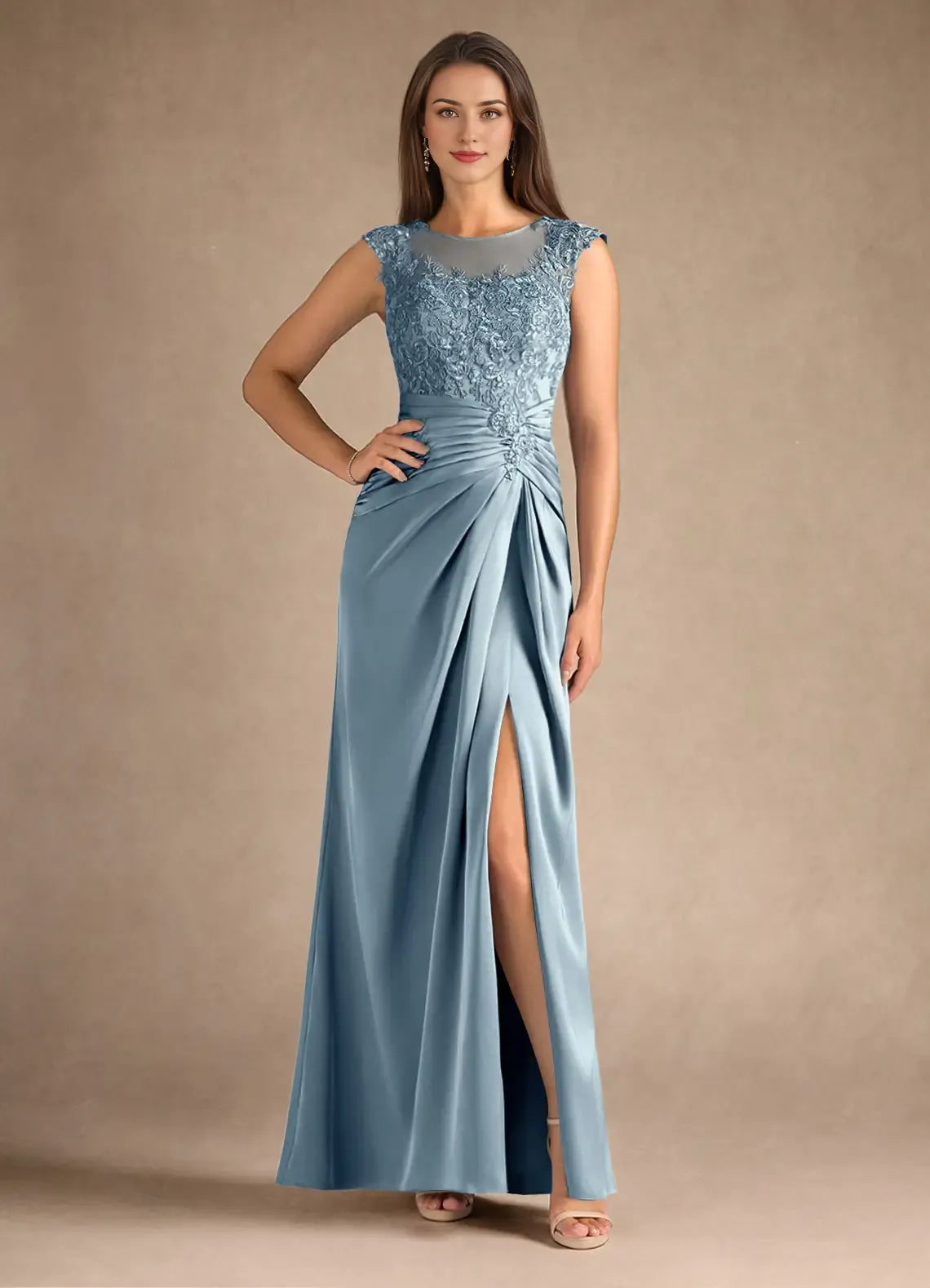 Blue Dress Steel Sheath Pleated Mother of the Groom Dresses Elegant Scoop Neck Sleeveless Leg Slit Evening Dress
