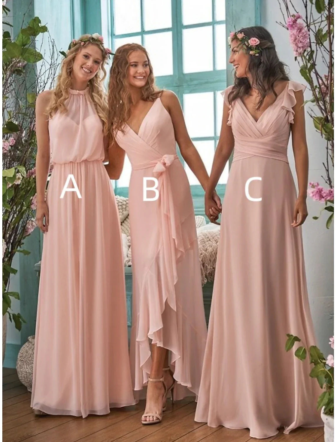 A-Line Bridesmaid Dress Halter Neck / V Neck Sleeveless Elegant Floor Length Chiffon with Split Front / Ruching / Solid Color