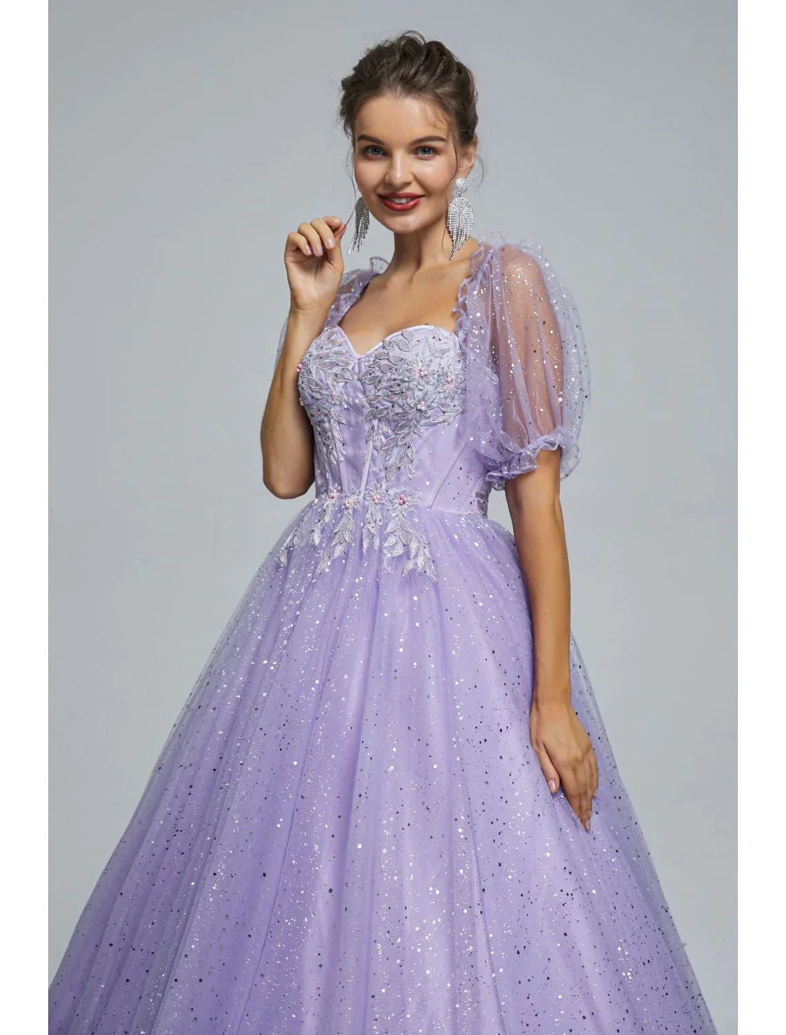 Ball Gown Prom Dresses Princess Dress Graduation Floor Length Short Sleeve Tulle with Sequin Appliques