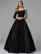 Sparkle Formal Evening Dress Off Shoulder Long Sleeve Floor Length Satin with Sequin