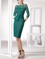 Two Piece Sheath / Column Mother of the Bride Dress Formal Wedding Guest Elegant Square Neck Knee Length Lace Stretch Chiffon 3/4 Length Sleeve with Bow(s) Appliques