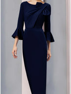 A-Line Mother of the Bride Dress Wedding Guest Elegant Scoop Neck Ankle Length Stretch Fabric 3/4 Length Sleeve with Bow(s) Ruching Solid Color