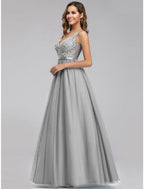 A-Line Holiday Prom Dress V Neck V Back Sleeveless Floor Length Chiffon Appliques