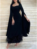 Sheath Black Dress Plus Size Evening Gown Elegant Dress Formal Ankle Length Long Sleeve Square Neck Stretch Fabric with Feather