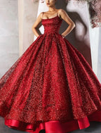 Ball Gown Evening Dress Glittering Luxurious Dress Engagement Wedding Dress Sparkly Floor Length Sleeveless Spaghetti Strap Satin with Tiered