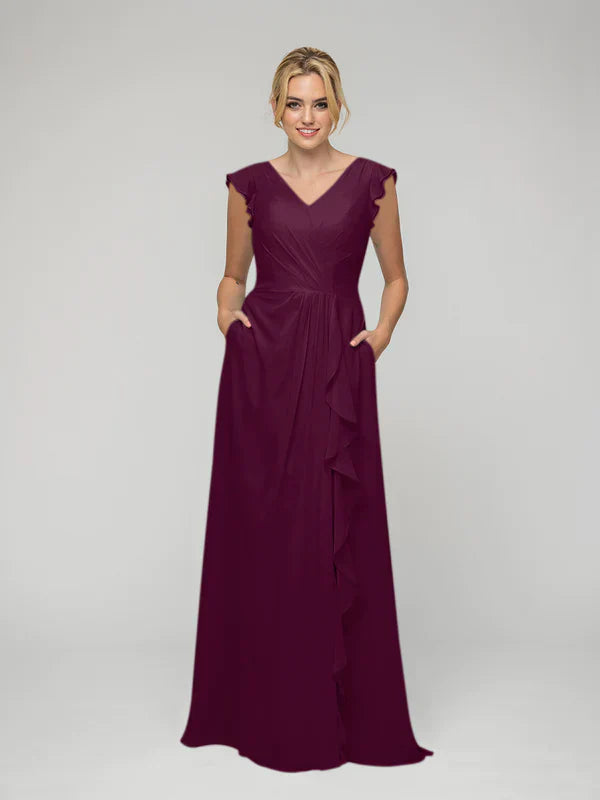 Bridesmaid Dresses V Neck Chiffon Cap Sleeves Long For Gorgeous Elegant Flattering Look For Bridesmaids